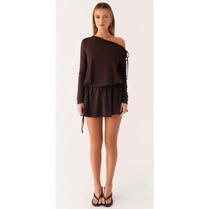 Peppermayo Zinnia Mini Dress Chocolate Brown Lace Trim Long Sleeve US 4 NEW